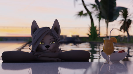 anthro female looking_at_viewer outside poolside solo uwunice lobita_(uwunice) canid canine canis mammal wolf 16:9 3d_(artwork) digital_media_(artwork) hi_res watermark widescreen