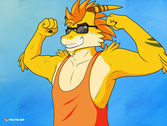 anthro biceps clothed clothing eyewear flexing grin male muscular muscular_anthro muscular_male shirt simple_background smile solo spikes sunglasses tank_top topwear yellow_body fyko_fox furmeets_latin_america ziggy_zest iguana iguanid lizard reptile scalie 4:3 absurd_res hi_res
