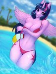 anthro anthrofied ball bangs beach beach_ball big_breasts bikini breasts clothing cutie_mark feathered_wings feathers female fingers hair horn humanoid_hands inflatable navel pink_bikini pink_clothing pink_swimwear plant purple_body purple_feathers purple_hair seaside smile solo swimwear tree two-piece_swimsuit water wet wings missonika friendship_is_magic hasbro my_little_pony mythology twilight_sparkle_(mlp) equid equine mammal mythological_creature mythological_equine winged_unicorn 2022 3:4 digital_media_(artwork) hi_res signature