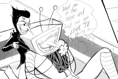duo electronics for_a_head grin hair male male/male not_furry screen screen_face smile television text wire 4nikitty deltarune undertale_(series) spamton_g._spamton tenna_(deltarune) addison_(deltarune) darkner humanoid object_head screen_head tv_head english_text greyscale monochrome