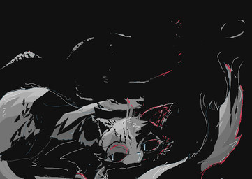 :< ambiguous_gender black_sclera feral fur grey_body grey_fur grey_tail horror_(theme) lying on_front solo tail naircat domestic_cat felid feline felis mammal 2017 dark_theme digital_drawing_(artwork) digital_media_(artwork) microsoft_paint_(artwork)