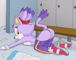 all_fours anthro anus biped bottomwear bottomwear_down breast_squish breasts butt clothed clothing female footwear genitals hair locker locker_room open_mouth pants pants_down partially_clothed ponytail shoes soap solo squish topless vulva yellow_eyes the_other_half sega sonic_the_hedgehog_(series) blaze_the_cat domestic_cat felid feline felis mammal digital_media_(artwork)