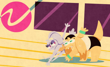 1980s_theme anthro bodily_fluids duo exercise fangs sweat sweatband teeth workout shane_frost juu-jue alligator alligatorid crocodilian lagomorph leporid mammal rabbit reptile scalie vampire hi_res