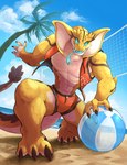 ball beach blue_tongue forked_tongue male net palm_tree plant scales snake_hood solo sport tongue tree volleyball volleyball_(ball) volleyball_net yellow_body yellow_scales katkichi reptile scalie snake 2025 absurd_res colored hi_res