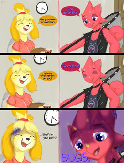 anthro bodily_fluids clock close-up clothed clothing duo female fishnet_clothing fur half-closed_eyes male narrowed_eyes net open_mouth purple_eyes simple_background sweat sweatdrop text frist44 animal_crossing nintendo flick_(animal_crossing) isabelle_(animal_crossing) canid canine canis chameleon domestic_dog lizard mammal reptile scalie comic digital_media_(artwork) english_text hi_res