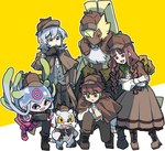 anthro brown_hair clothing detective detective_hat dress female fur grey_hair grin group hair hat headgear headwear jelllymon long_ears male ponytail_ears smile tentacles yellow_body yellow_fur digibibim bandai_namco digimon digimon_ghost_game hiro_amanokawa kiyoshiro_higashimitarai ruri_tsukiyono digimon_(species) gammamon human humanoid mammal symbareangoramon