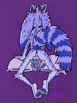 5_fingers all_fours anthro anus backsack balls biped blue_body blue_fur bodily_fluids butt claws dipstick_ears ear_markings erection eyestalks feet finger_claws fingerpads fingers floppy_ears fluffy fluffy_tail fur genital_fluids genitals holding_object holding_sex_toy knee_tuft knot knotted_penis leg_tuft long_ears looking_back lop_ears male markings masturbation multicolored_ears nude pawpads paws penetrable_sex_toy penile penile_masturbation penis pillow plantigrade precum purple_background purple_penis rear_view sex_toy shoulder_blades simple_background skinny_anthro skinny_male soles solo spots striped_markings striped_tail stripes tail tail_markings toe_claws tuft littlestfuzz tobi_(littlestfuzz) fuzzmonster 3:4 absurd_res hi_res pen_(artwork) traditional_media_(artwork)