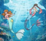 bra clothing duo female gem gym_leader hair jewelry long_hair long_tail necklace pearl_(gem) pearl_necklace sea seashell_bra split_form tail underwater underwear water blacksheeptfs nintendo pokemon may_(pokemon) misty_(pokemon) humanoid marine merfolk hi_res