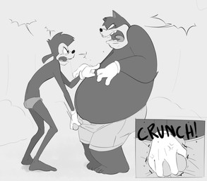 angry anthro ball_grab ball_squeeze ballbusting balls bodily_fluids clothed clothing cock_and_ball_torture duo erection erection_under_clothing genital_torture genitals gesture gloves hand_gesture handwear male male/male overweight overweight_male pain plant pointing shrub simple_background tears tongue underwear young sodabox disney goof_troop max_goof peter_pete_sr. canid canine canis domestic_dog felid feline mammal monochrome