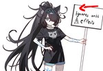 5_fingers :< accessory angry arm_markings bangs black_hair blue_eyes breasts clothing directional_arrow dolphin_shorts female fingers hair hair_accessory hair_over_eye hairband hand_on_hip holding_object holding_sign humor leg_markings long_hair looking_at_viewer markings messy_hair one_eye_obstructed ponytail pose pupils shirt sign simple_background slim slit_pupils small_breasts solo standing t-shirt t-shirt_design text thigh_markings topwear white_body ebora ponos_corp. the_battle_cats kasli kasli_the_bane animal_humanoid felid felid_humanoid feline feline_humanoid humanoid mammal mammal_humanoid 2024 detailed digital_drawing_(artwork) digital_media_(artwork) english_text hi_res