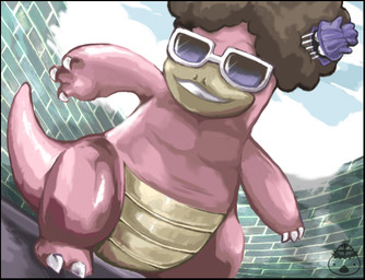afro brown_hair claws eyewear grin hair male pink_body smile solo sunglasses tail uk-kappa nintendo pokemon generation_1_pokemon pokemon_(species) shellder slowbro