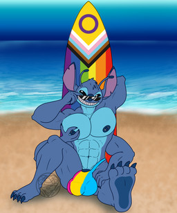4_arms 4_fingers 4_toes abs anthro anthrofied balls_outline barbell_piercing beach biped black_eyes blue_body blue_claws blue_fur blue_nipples blue_nose blue_pawpads blue_penis bulge claws clothed clothing detailed_bulge ear_markings eyewear feet finger_claws fingers fondling fur genital_outline genitals grin hand_on_leg hand_on_own_leg head_tuft humanoid_feet intersex-inclusive_progress_pride_colors lgbt_pride logo looking_at_viewer male markings multi_arm multi_limb muscular muscular_anthro muscular_male navel nipple_barbell nipple_fetish nipple_piercing nipple_play nipples notched_ear pansexual_pride_clothing pansexual_pride_colors pawpads pecs penis penis_base penis_outline piercing plantigrade pride_colors purple_inner_ear sea self_fondle smile soles solo speedo sunglasses sunglasses_on_face surfboard swimwear toe_claws toes topless topless_anthro topless_male tuft water wearing_sunglasses gin_sanada 6/26 disney lgbt_pride_month lilo_and_stitch stitch_(lilo_and_stitch) alien experiment_(lilo_and_stitch) 2025 artist_logo digital_drawing_(artwork) digital_media_(artwork) hi_res watermark