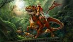 amazing_background ambiguous_gender armor bracers bridle claws clothed clothing detailed_background feathers female feral forest grass group jungle looking_at_viewer melee_weapon midriff moss mount open_mouth plant polearm red_body red_feathers reins rider riding saddle spear standing tail teeth temple tongue tree tribal water waterfall weapon yellow_eyes sandara dinosaur dromaeosaurid feathered_dinosaur feathered_scalie human mammal prehistoric_species reptile scalie theropod detailed