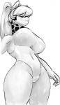 5_fingers anthro big_breasts breasts cat_pepper clothed clothing eyes_closed female fingers giraffe giraffid hair hi_res kemono long_hair mammal memura_(cat_pepper) monochrome one-piece_swimsuit simple_background smile solo standing swimwear white_background