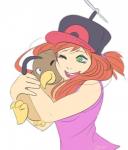 ambiguous_gender beak brown_body brown_feathers clothing duo feathers female green_eyes hair hat headgear headwear hug one_eye_closed red_hair smile wink unknown_artist fakemon pokemon_clover keksandra avian bird caroline_(pokemon_clover) human mammal