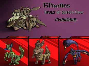 blue_eyes evolution female feral green_eyes group male pawpads paws standing text trio yellow_eyes molb_(artist) nintendo pokemon arachnid arthropod caterpillar eevee eeveelution generation_1_pokemon grub_(insect) hybrid insect larva maggot mantis pokemon_(species) scorpion taur hi_res