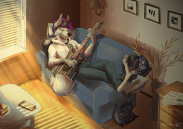 4_toes 5_fingers anthro barefoot biped black_hair black_nose black_pawpads bottomwear cellphone claws clothed clothing coffee_table crossed_legs detailed_background ear_tuft electric_guitar electronics feet fingers food furniture guitar hair half-closed_eyes high-angle_view highlights_(coloring) holding_musical_instrument holding_object hoodie inside lamp light living_room lying male multicolored_hair musical_instrument narrowed_eyes on_back pants pawpads paws phone photo picture_frame pillow plant playing_guitar playing_music plucked_string_instrument purple_hair purple_highlights sandwich_(food) smile sofa solo string_instrument sunlight toe_claws toes topwear tuft two_tone_hair vase window yellow_eyes multyashka-sweet lance_(radiantblaze) canid canine canis domestic_dog husky hybrid mammal nordic_sled_dog spitz wolf wolfdog 2016 digital_media_(artwork) signature