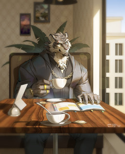 5_fingers accessory anthro biped blue_sky claws clock coffee_mug container cup detailed_background facial_scar fingers fur furniture gold_(metal) gold_jewelry grey_body grey_fur holding_coffee_mug humanoid_hands jewelry light male plant portrait_(object) ring_(jewelry) scar sky solo striped_body striped_fur stripes sunlight table toony watch white_body white_fur wristwatch fansl felid mammal pantherine tiger 2021 detailed hi_res