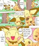 5:6 brother_(lore) brother_and_sister_(lore) comic dayan detailed_background dialogue duo english_text female feral forest fur generation_1_pokemon generation_2_pokemon incest_(lore) kemono male mammal nintendo outside pichu pikachu plant playful pokemon pokemon_(species) rodent sibling_(lore) sister_(lore) size_difference speech_bubble text translated tree yellow_body yellow_fur young