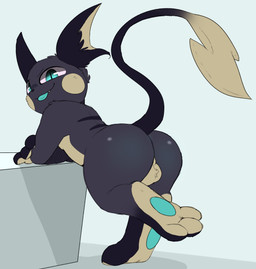 3_toes alternate_color anthro backsack balls big_butt biped blue_eyes butt feet fur genitals hair hindpaw looking_back male pawpads paws simple_background smile solo standing teeth toes tongue tongue_out backsash nintendo pokemon generation_1_pokemon mammal pokemon_(species) raichu rodent 2019 absurd_res digital_media_(artwork) hi_res