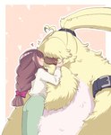 anthro belt blush brown_hair duo female fluffy fur hair hair_over_eyes heart_symbol long_ears long_hair male nose_to_nose ponytail_ears size_difference yellow_body yellow_fur runapiero00 bandai_namco digimon angoramon_(ghost_game) ruri_tsukiyono angoramon digimon_(species) human lagomorph leporid mammal rabbit hi_res