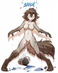 2016 adobe_photoshop_(artwork) anthro biped blue_eyes breasts bucket canid canine colored conditional_dnp container digital_media_(artwork) digitigrade ears_back english_text featureless_breasts featureless_crotch felid female front_view frown fur grey_body grey_fur hi_res hybrid kathrin_vaughan keidran knock-kneed mammal nude pivoted_ears simple_background solo sound_effects spread_legs spreading standing text tom_fischbach twokinds wet wet_body wet_fur white_background wide_stance