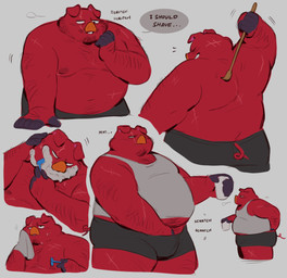 anthro back_scratching belly boxers_(clothing) clothing facial_hair fur hairy male musclegut muscular nipples pecs razor red_body red_fur scar scratches scratching scratching_self shaving shaving_cream shirt solo tank_top tools topwear underwear krunnnnnch animal_crossing nintendo rasher_(animal_crossing) domestic_pig mammal suid suine sus_(pig) multiple_images