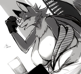 anthro big_breasts black_ear_tips black_nose breasts clothing container countershade_face countershade_torso countershading cup dipstick_ears drinking_glass ear_markings female fur glass glass_container glass_cup holding_object huge_breasts icepack looking_at_viewer markings multicolored_ears neck_tuft open_mouth robe seat simple_background sitting snout solo tongue tongue_out tuft aoguma akaba_(aoguma) canid canine fox mammal absurd_res dated digital_media_(artwork) greyscale hi_res monochrome signature