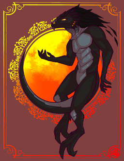 anthro art_nouveau black_body digitigrade featureless_crotch glowing glowing_eyes horn male pattern_background scales simple_background solo ventral_scales areye_(artist) reptile scalie absurd_res hi_res