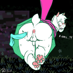 4_toes ambiguous_gender anthro anus arms_tied backsack ball_tuft balls blue_penis blush bodily_fluids bound butt butt_focus disembodied_penis duo eyewear feet fur genital_fluids genitals glasses horn in_the_air leaking leaking_precum male male/ambiguous pawpads paws penis pink_anus pink_pawpads precum questionable_consent rear_view size_difference solo toes tuft wearing_glasses white_body white_fur paul_0w0 deltarune undertale_(series) kris_dreemurr ralsei bovid caprine goat human mammal