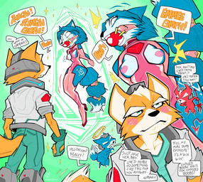 anthro arms_tied ball_gag bdsm blush blush_lines bondage bound clothing female gag gagged hands_tied hobble_dress hobbled humiliation latex latex_clothing legs_tied male male/female muffled_speech nipples speech_bubble text videogame_setting oddjuice nintendo star_fox fox_mccloud krystal_(star_fox) canid canine fox mammal comic