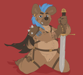 andromorph andromorph_anthro anthro armor armpit_hair belly blade blue_eyes blue_hair body_hair brown_body brown_fur cape chest_harness clitoris clothed clothing dipstick_tail ear_piercing ear_ring fingerless_gloves fur genitals gloves hair handwear harness intersex intersex_anthro kneeling kneeling_on_ground looking_at_viewer markings melee_weapon mohawk multicolored_body multicolored_fur navel nude nude_andromorph nude_anthro overweight overweight_andromorph overweight_anthro overweight_intersex piercing pubes red_background ring_piercing scar simple_background skimpy snaggle_tooth solo spots spotted_body spotted_fur stubble sword tail tail_markings tan_body tan_fur teeth unconvincing_armor vulva weapon bolt_carrier hyena mammal spotted_hyena hi_res