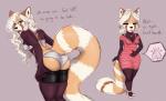 anthro bra clothing dress eyes_closed female freckles fur hair legwear looking_back orange_body orange_fur panties solo text thigh_highs tongue tongue_out underwear white_clothing white_hair white_panties white_underwear thecatnamedfish tammy_fairfield ailurid mammal red_panda english_text