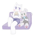 3_toes anthro barefoot blue_eyes blush bottomwear clothing crop_top duo eating eating_food feet food fur furniture green_eyes grey_body grey_fur grey_hair hair holding_arm holding_food holding_object holding_popsicle holding_sandwich looking_at_another male on_sofa pawpads popsicle popsicle_in_mouth sandwich_(food) shirt shorts simple_background sitting sitting_on_sofa sofa tail toes topwear white_background white_body white_fur white_hair young young_anthro young_male kom_jis domestic_cat felid feline felis mammal mouse murid murine rodent 1:1 2023 absurd_res digital_media_(artwork) hi_res