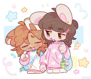 accessory ahoge anthro bangs blush blush_lines brown_eyes brown_hair clothing duo ear_piercing eyes_closed female female/female fur hair hair_accessory hairclip hand_holding long_hair looking_at_another orange_body orange_fur orange_hair piercing sweater tan_body tan_fur topwear louloous lagomorph leporid mammal rabbit colored colored_sketch digital_drawing_(artwork) digital_media_(artwork) hi_res sketch