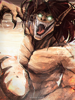 brown_hair claws finger_claws glowing glowing_background glowing_eyes green_eyes hair humanoid_pointy_ears male muscular pale_skin pointed_tongue pointy_ears roaring sharp_teeth solo teeth fragrantplague attack_on_titan eren_jaeger ambient_bird humanoid monster titan_(attack_on_titan) 2021 absurd_res hi_res