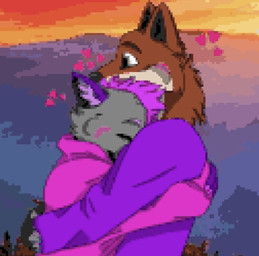 anthro clothing countershading cuddling duo eyes_closed fluffy happy heart_symbol hoodie hug male male/male pixelated sunset topwear floofy_jackal fennix_fox floofy_(jackal) canid canine canis fox jackal mammal digital_media_(artwork) hi_res pixel_(artwork)