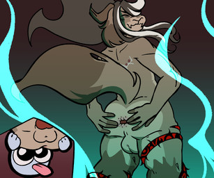 anthro blue_fire butt butt_grab colored_fire dyed_fur emoji fire fluffy gaping genitals hair hand_on_butt happy knot knotted_penis male penis ponytail slightly_chubby solo_focus spreading squeezing tattoo thorns perseve perseve_(character) bovid caprine chimera mammal 6:5 hi_res