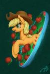 1jaz 2018 apple applejack_(mlp) blonde_hair clothing cutie_mark earth_pony equid equine eyelashes female feral food friendship_is_magic fruit green_background green_eyes hair hasbro hat hat_only headgear headgear_only headwear headwear_only hi_res horse makeup mammal mascara mostly_nude my_little_pony open_mouth open_smile plant pony portal portrait side_view signature simple_background smile solo text three-quarter_portrait tongue