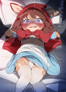 anthro biped blush bodily_fluids camel_toe clothed clothing crying disembodied_hand duo female fur hair imminent_rape imminent_sex legwear loli lying on_back panties pillow red_clothing scared solo_focus sweat tears underwear young young_anthro young_female dagasi fairy_tales little_red_riding_hood_(copyright) big_bad_wolf little_red_riding_hood deer mammal 2025 digital_media_(artwork) hi_res