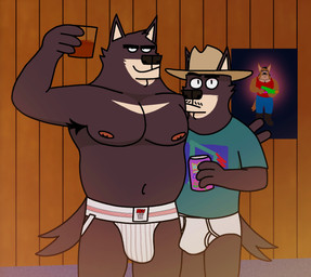 anthro armpit_hair beverage beverage_can black_body black_fur black_hair black_nose blue_bottomwear blue_clothing blue_pants body_hair bottomwear briefs briefs_only bulge clothed clothing cowboy_hat duo facial_hair fur green_clothing green_shirt green_t-shirt green_topwear hair hat headgear headwear holding_beverage holding_object inside jockstrap jockstrap_only male monotone_briefs monotone_clothing monotone_underwear muscular muscular_male mustache navel nipples pants pantsless_male poster print_clothing print_shirt print_t-shirt print_topwear red_clothing red_shirt red_tank_top red_topwear shirt t-shirt tan_body tan_fur tank_top tighty_whities topless topwear underwear underwear_only wall_(structure) white_briefs white_clothing white_underwear wood wood_wall eddicus edgar_(eddicus) joel_(eddicus) canid canine canis domestic_dog husky macropod mammal marsupial nordic_sled_dog spitz hi_res brother_(lore) brothers_(lore) sibling_(lore)
