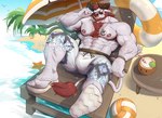 5_fingers abdominal_hair anthro arm_hair armpit_hair ball beach beach_chair beard beverage body_hair bottomwear chest_tuft clothing coconut coconut_drink drupe_(fruit) eyewear facial_hair facial_piercing feet fingers food fruit fur glasses hair horn humanoid_feet looking_at_viewer male muscular muscular_anthro muscular_male nipples nose_piercing palm_tree piercing pink_nipples plant plantigrade reclining red_hair sea seaside shorts sitting solo tree tuft volleyball_(ball) water white_body white_fur rubberbark griotte_(griottemoo) bovid bovine cattle mammal 2023 hi_res