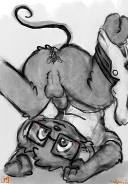 3_fingers anal anal_vore anthro anus balls beak blush bodily_fluids clothed clothing duo eyewear feathers fingers fur genital_fluids genitals glasses male partially_clothed penis precum shirt simple_background tail text topwear vore white_background winged_arms wings scottglass avian bird mammal mouse murid murine rodent artist_name hi_res