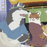 anthro bakery biceps big_muscles box clothing container duo fur kemono kerchief male muscular muscular_male shirt stripes topwear wdh3905 昇天 shirokuma_cafe okami_(shirokuma_cafe) tora_(shirokuma_cafe) canid canine canis felid mammal pantherine tiger wolf 1:1