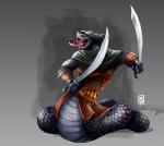 ambiguous_gender anthro apode armor bottomless clothed clothing dual_wielding fangs forked_tongue grey_background holding_melee_weapon holding_object holding_sword holding_weapon hood legless melee_weapon open_mouth red_sclera scales scimitar serpentine simple_background solo sword teeth tongue tongue_out vambrace weapon jaegerpilotmax dungeons_and_dragons hasbro wizards_of_the_coast vokun_(nahl-dinok) draconcopode naga reptile scalie snake yuan-ti yuan-ti_abomination