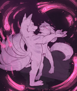 balls chastity_device dancing genitals hypnosis magic male male/male mind_control one_eye_obstructed penis simple_background tongue tongue_out silveredge canid canine fox fox_spirit mammal absurd_res hi_res monochrome sketch