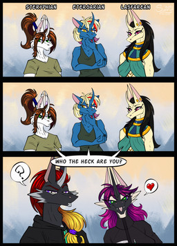 abstract_background anthro dialogue equis_universe female fluffy fur humor kirinaes looking_at_viewer male roxanne_taaner wtf_face sunny_way alirfesta_felastis shasehra_gaelehrion steven_saidon sunny_way_(character) ki'rinaes comic hi_res one_page_comic