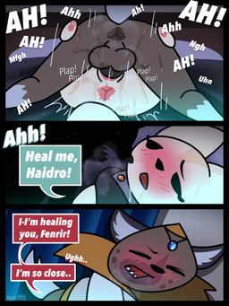 anthro anthro_on_anthro anthro_penetrated anthro_penetrating anthro_penetrating_anthro anus balls big_balls big_penis black_anus black_balls black_body black_eyes black_fur black_nose black_spots bodily_fluids brown_body brown_fur clothing cosplay dialogue dot_eyes duo erection eyes_closed female female_on_bottom female_penetrated from_front_position fur genital_fluids genitals grey_body grey_fur interspecies leg_markings looking_pleasured lying male male/female male_on_top male_penetrating male_penetrating_female markings mating_press on_back on_bottom on_top penetration penis pink_anus pink_vulva robe roleplay sex sharp_teeth simple_eyes socks_(marking) sound_effects speech_bubble spots spotted_body spotted_fur tan_body tan_fur teeth text vaginal vaginal_fluids vaginal_penetration vulva white_clothing white_inner_ear white_robe y_anus yellow_clothing yellow_robe nami955 aggretsuko sanrio fenneko haida_(aggretsuko) canid canine fennec_fox fox hyena mammal spotted_hyena true_fox 2026 3:4 comic english_text hi_res
