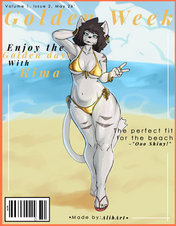 5_fingers 5_toes anthro bangle beach bikini biped black_hair black_lipstick blue_eyes blush border bracelet breasts clothing cloud cocked_hip digit_ring ear_piercing eyelashes feet female female_anthro fingers flip_flops footwear front_view fur gesture gold_(metal) gold_jewelry golden_clothing grey_markings hair hand_behind_head hand_gesture humanoid_feet humanoid_hands jewelry lipstick long_eyelashes looking_at_viewer makeup markings monotone_tail navel orange_border outside piercing plantigrade pose raised_arm ring sandals shoes solo standing string_bikini swimwear tail text tied_bikini toes two-piece_swimsuit v_sign water white_body white_fur white_tail alihsart golden_week kima_(alihsart) domestic_cat felid feline felis mammal 2026 absurd_res artist_name cover dated digital_drawing_(artwork) digital_media_(artwork) english_text hi_res magazine_cover pinup