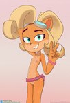 adolescent anthro belt breasts female genitals gesture gradient_background hand_gesture looking_at_viewer nipples pussy simple_background small_breasts smile solo standing v_sign young young_anthro young_female catrash activision crash_bandicoot_(series) coco_bandicoot bandicoot mammal marsupial 2024